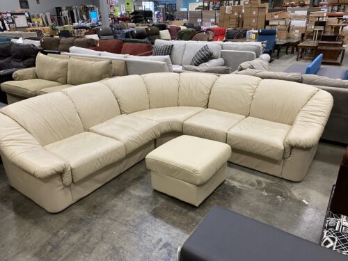 Vintage Beige Leather Rounded Arm Sectional with Ottoman