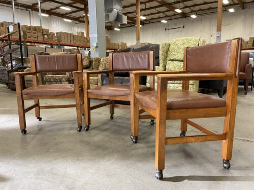 Vintage Wooden Dining Chairs with Leather Seat Cushions on Ball Casters  (Set of 3)
