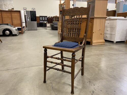Vintage Dark Finish Decorative Carved Wooden Chair with Navy Blue Seat Cushion
