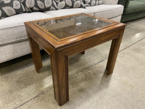Vintage Wooden End Table with Rattan and Glass Insert Top