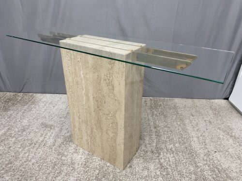 Contemporary Modern Travertine Stone & Brass Oval Glass Top Side Table