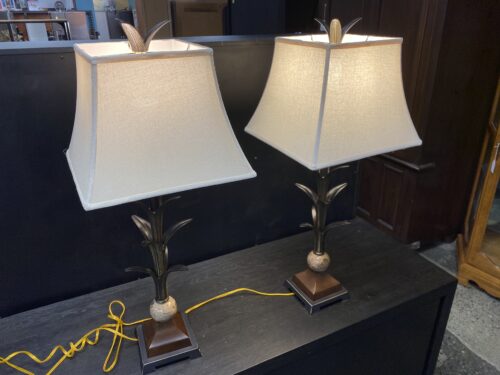 Bronze Palm Frond Table Lamp w/ White Fabric Shade (Set of 2)