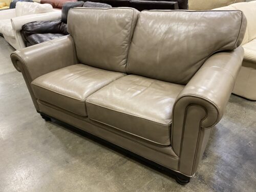 MARTHA STEWART - MACY'S Bradyn Genuine Leather Roll Arm Loveseat with Wooden Bun Feet in Taupe