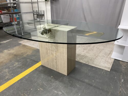Contemporary Modern Travertine Stone & Brass Oval Glass Top Dining Table