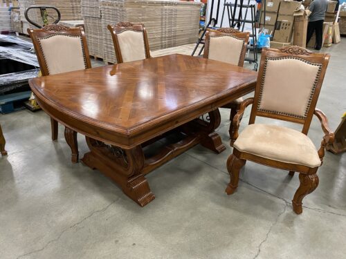 MARKOR INTERNATIONAL Traditional Style Dining Table with Wood and Iron Lyre Shaped Trestle Base and 4 Tan Cushion Chairs with Nailhead Trim and 2 Extension Leaves