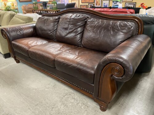 Chocolate Camelback Roll Arm Sofa w/ Nailhead Trim