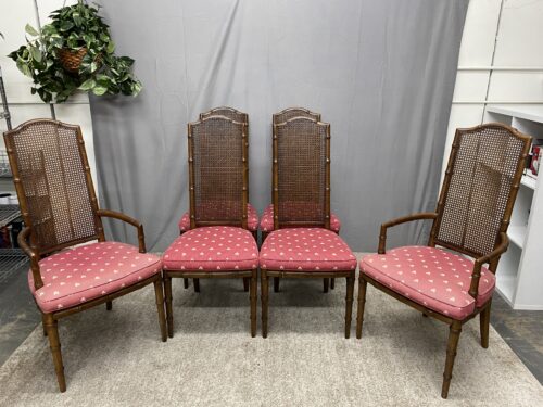 HENREDON Cane Back Bamboo Carved Upholstered Dining Chairs (Set of 6)