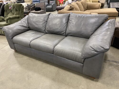 THE LEATHER FACTORY Plush Grey Leather 3 Seat Sofa with Cushioned Arms and Cherry Finished Feet