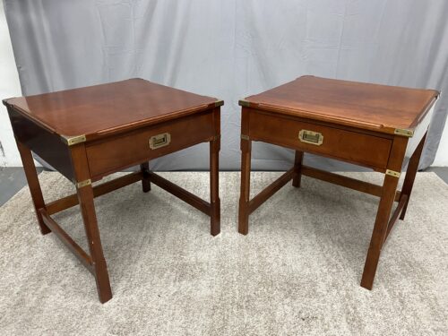 BOMBAY COMPANY Mahogany Finish Campaign Style Square End Table w/ Drawer (Set of 2)