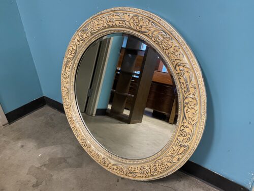 Large Round Wall Mirror with Distressed Ornate Carved Frame
