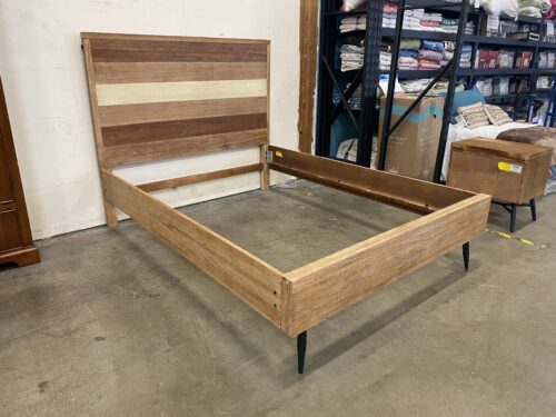 Contemporary Queen Size Bed Frame with Mixed Wood Headboard and Tapered Front Legs