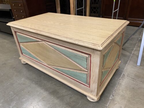 Large Light Wood Blanket Chest with Carved Diamond Design and Bun Feet