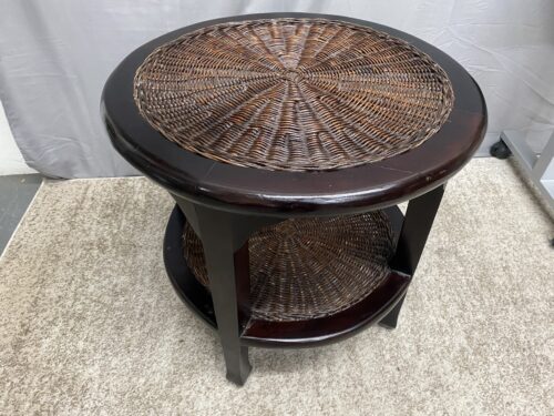 Mahogany Finish Round Wicker 2-Tier End Table