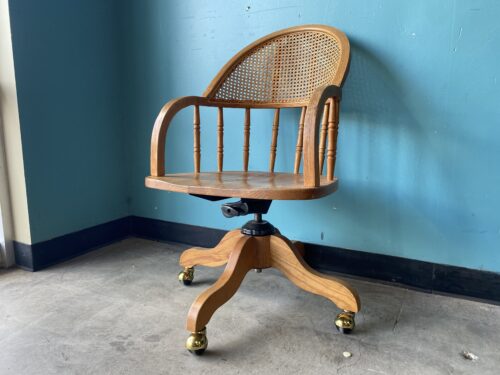 Vintage Wooden Office Chair with Rattan and Spindle Back