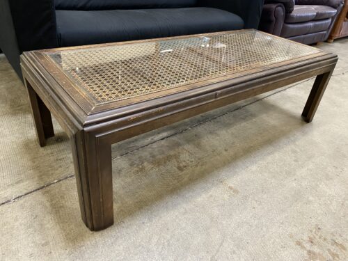 Walnut Finish Wooden Rectangular Coffee Table with Cane and Glass Top
