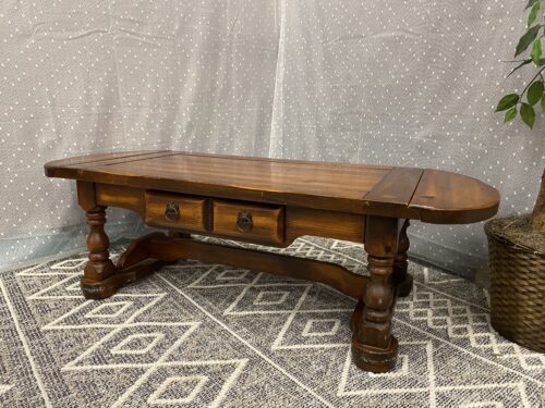 Vintage Wooden Drop Leaf Coffee Table with Drawer and Unique Brass Eagle Pulls