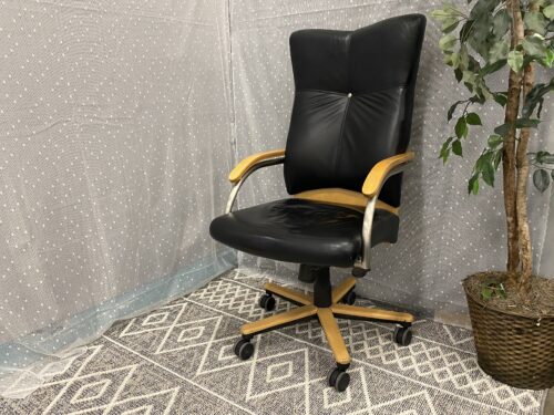 Solid Maple Wingback Black Leather Office Chair with Metal Details