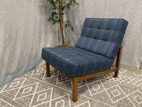 MODERNICA Walnut Finish Armless Split Rail Lounge Chair with Striped Upholstered Tufted Cushions