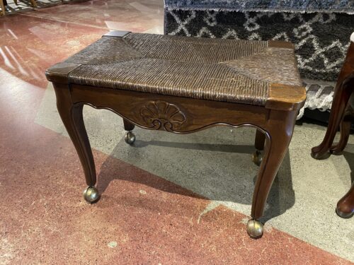 Antique French Carved Wood and Cane Stool on Casters