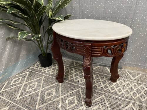 Vintage Mahogany Stained Marble Top Accent Table with Carved Floral Details