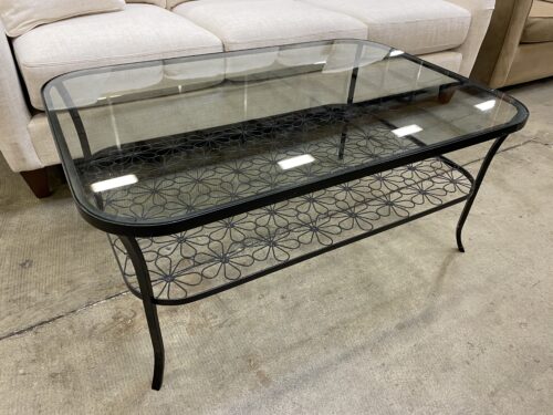 Black Metal Base Outdoor Glass Top Table with Floral Motif