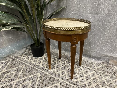 Vintage Provincial Petite Wooden Accent Table with Marble Top and Brass Heart Trim