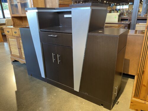 Dark Wood Reception Desk With Metal Details