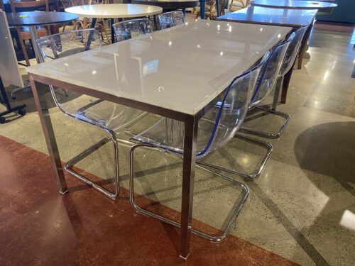 White Top Table With Chrome Legs And Transparent Ghost Chairs (Set of 6 Chairs)