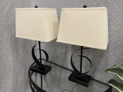 Contemporary Geometric Black Metal Table Lamps w/ Cream Shades (Set of 2)