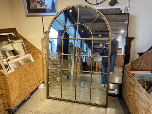 Arched Windowpane Floor Mirror with a Gold Finished Metal Frame
