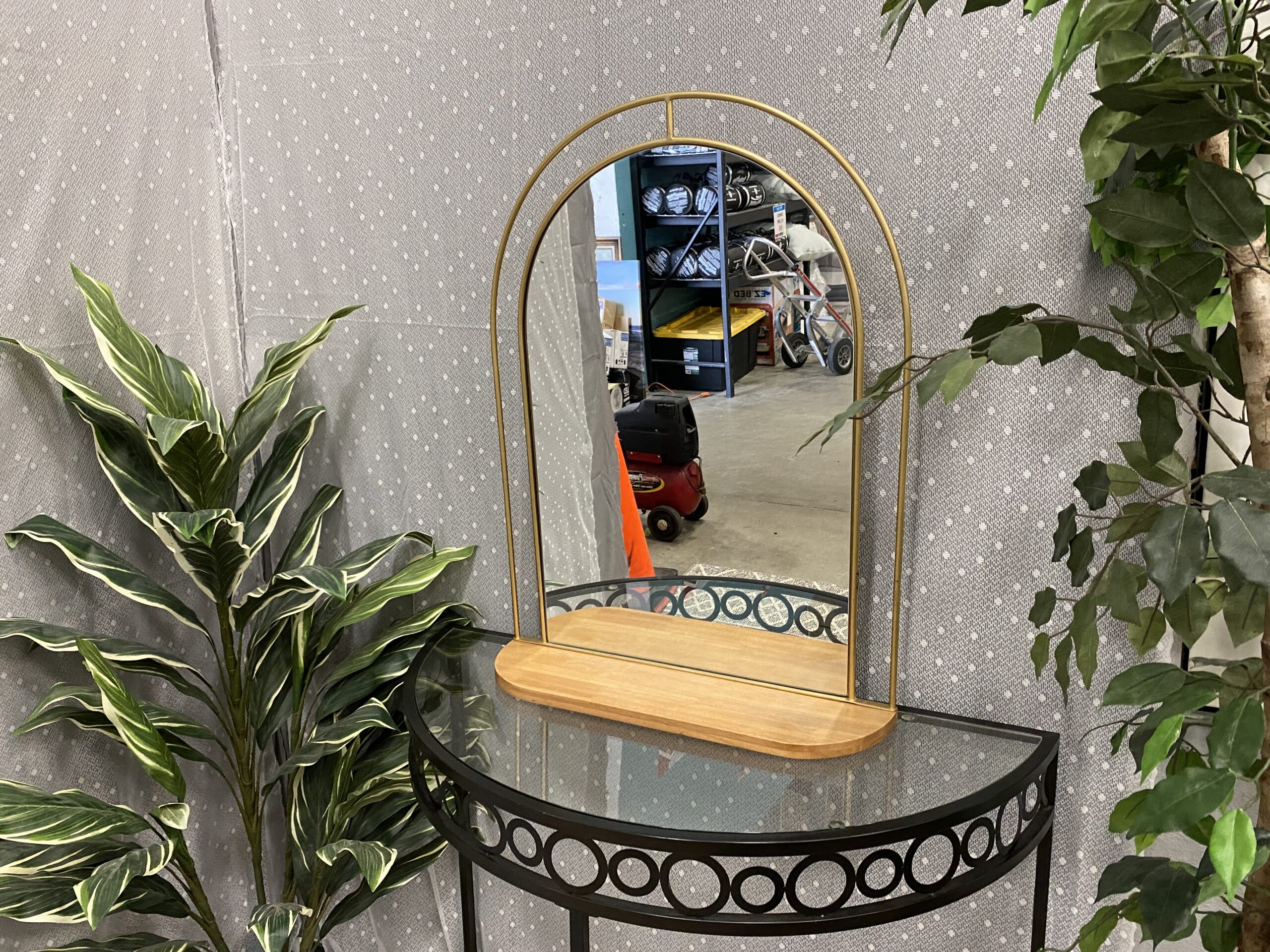 Modern Brass Wall Hanging Mirror with Wooden Shelf