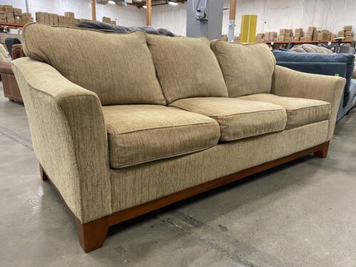 LA-Z-BOY Vintage Caramel Woven Upholstered 3 Seat Sofa with Wooden Base