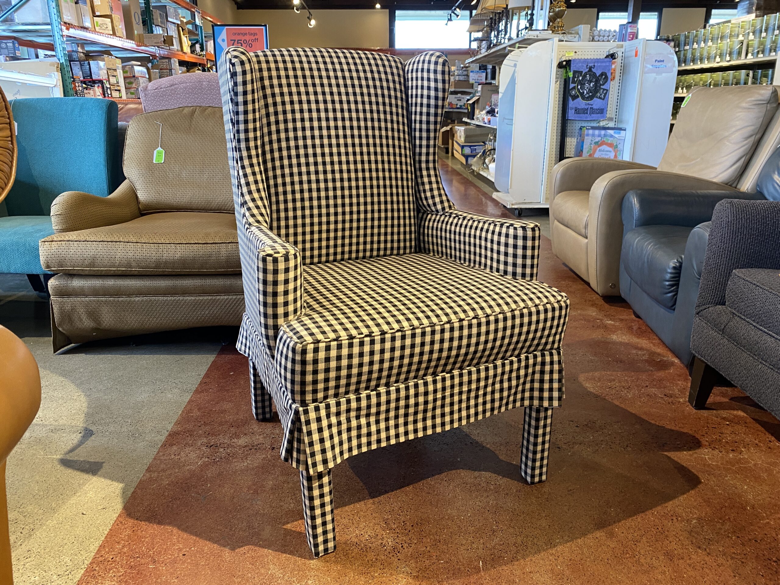 Black and White Gingham Wingback Armchair