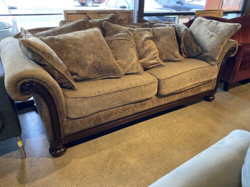 Traditional Style Wood Trim Couch with Green Upholstery