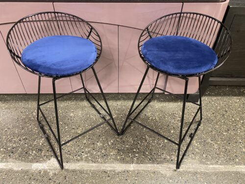 Black Wire Bucket Seat Counter Stool w/ Navy Blue Cushion (Set of 2)