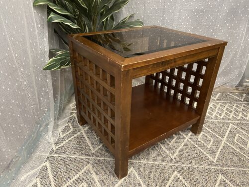 Vintage Mahogany Stained Lattice Accent Table with Glass Top