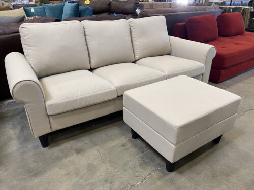 IKEA Gammalbyn Ivory Fabric 3 Seat Sofa with Ottoman and Black Legs
