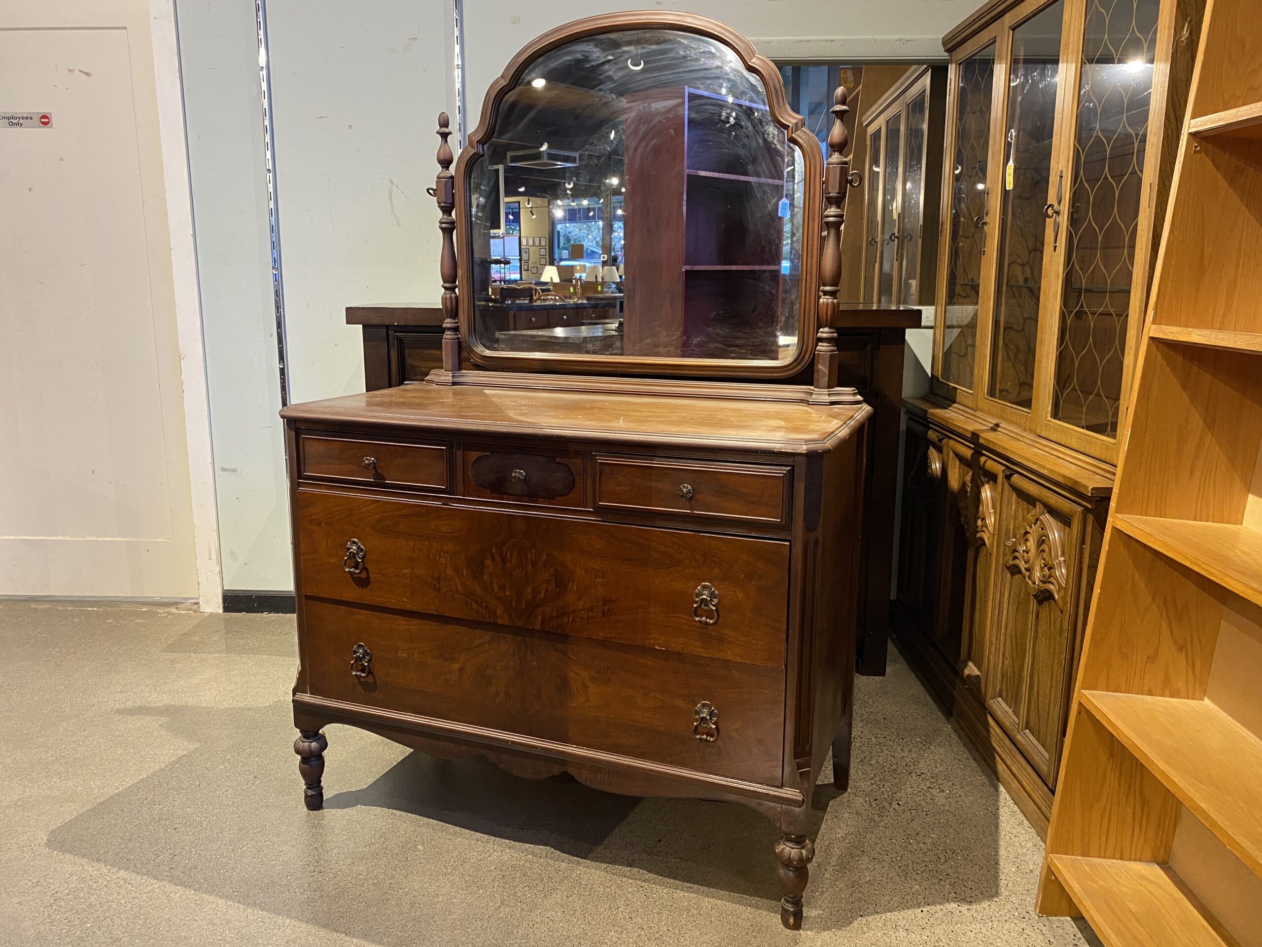 Vintage Dark Wood 5-Drawer Dresser With Hanging Mirror