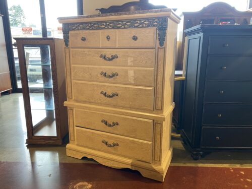 Light Beige 5-Drawer Tallboy Dresser with Green Acanthus Vine Molding