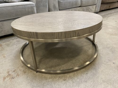 RESTORATION HARDWARE Nicholas Grey Oak Round Coffee Table with Open Silver Frame