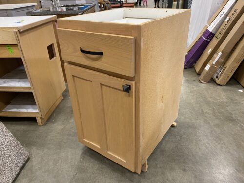 Light Wood Single Door Lower Kitchen Cabinet with Blackened Copper Hardware