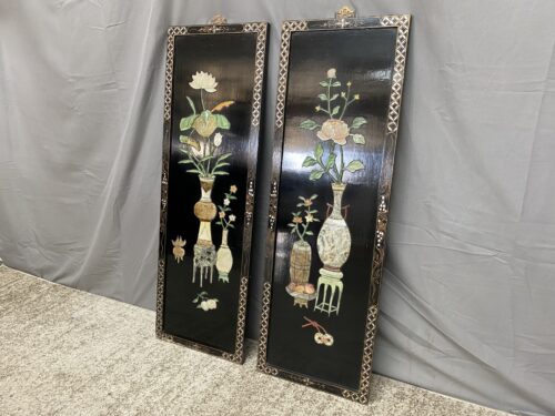 Vintage Chinoiserie Hand Made Lacquered Wall Panels w/ Mother of Pearl Accents (Set of 2)