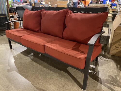 Black Metal Framed Outdoor Bench with Red Cushions