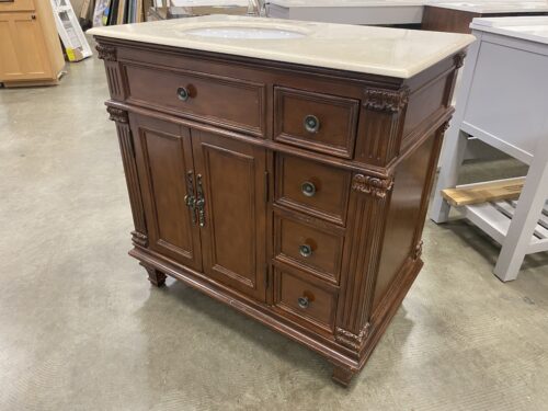 Walnut Finish Ornate Wooden Vanity Cabinet with Marble Counter