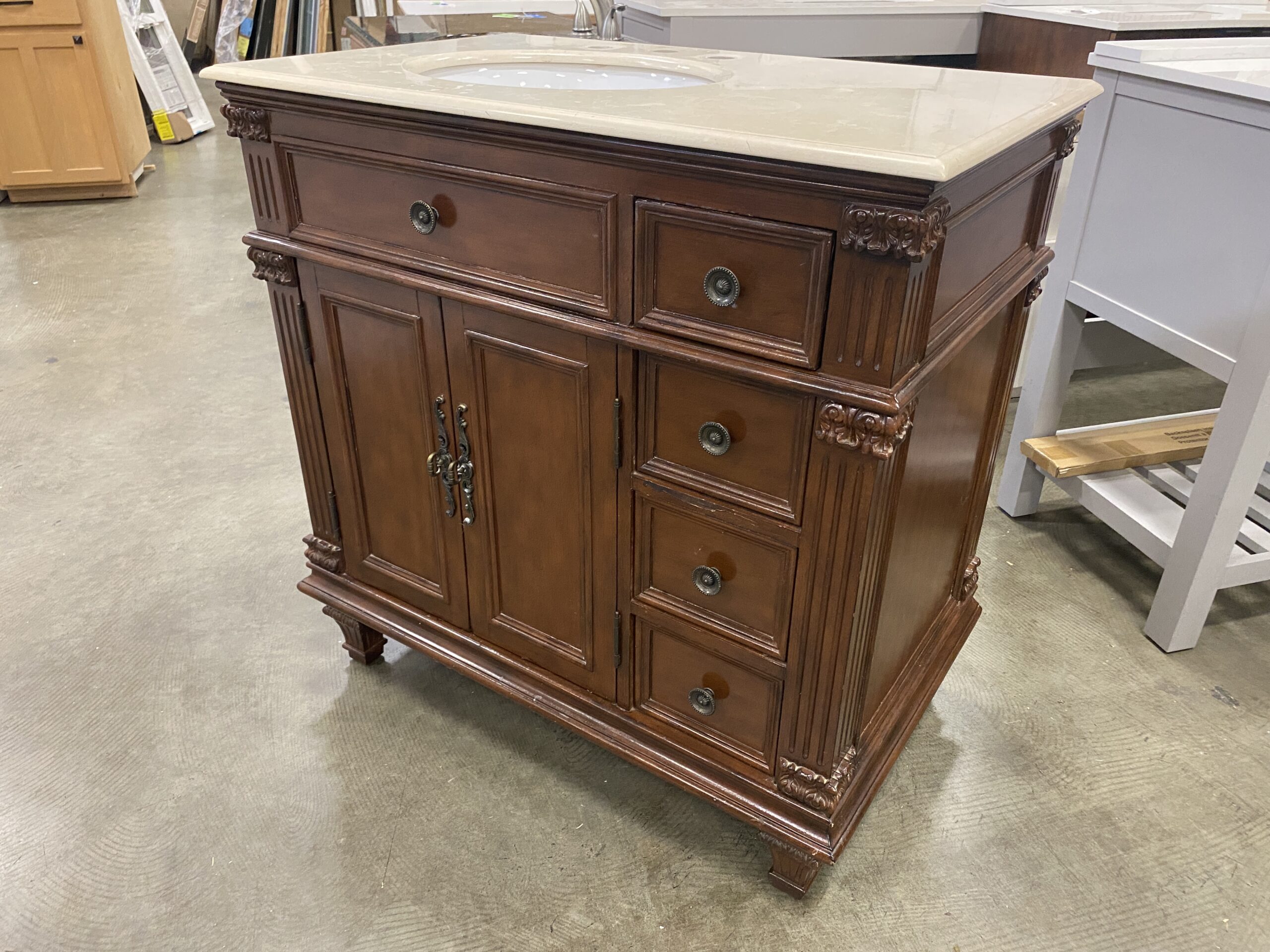 Walnut Finish Ornate Wooden Vanity Cabinet with Marble Counter