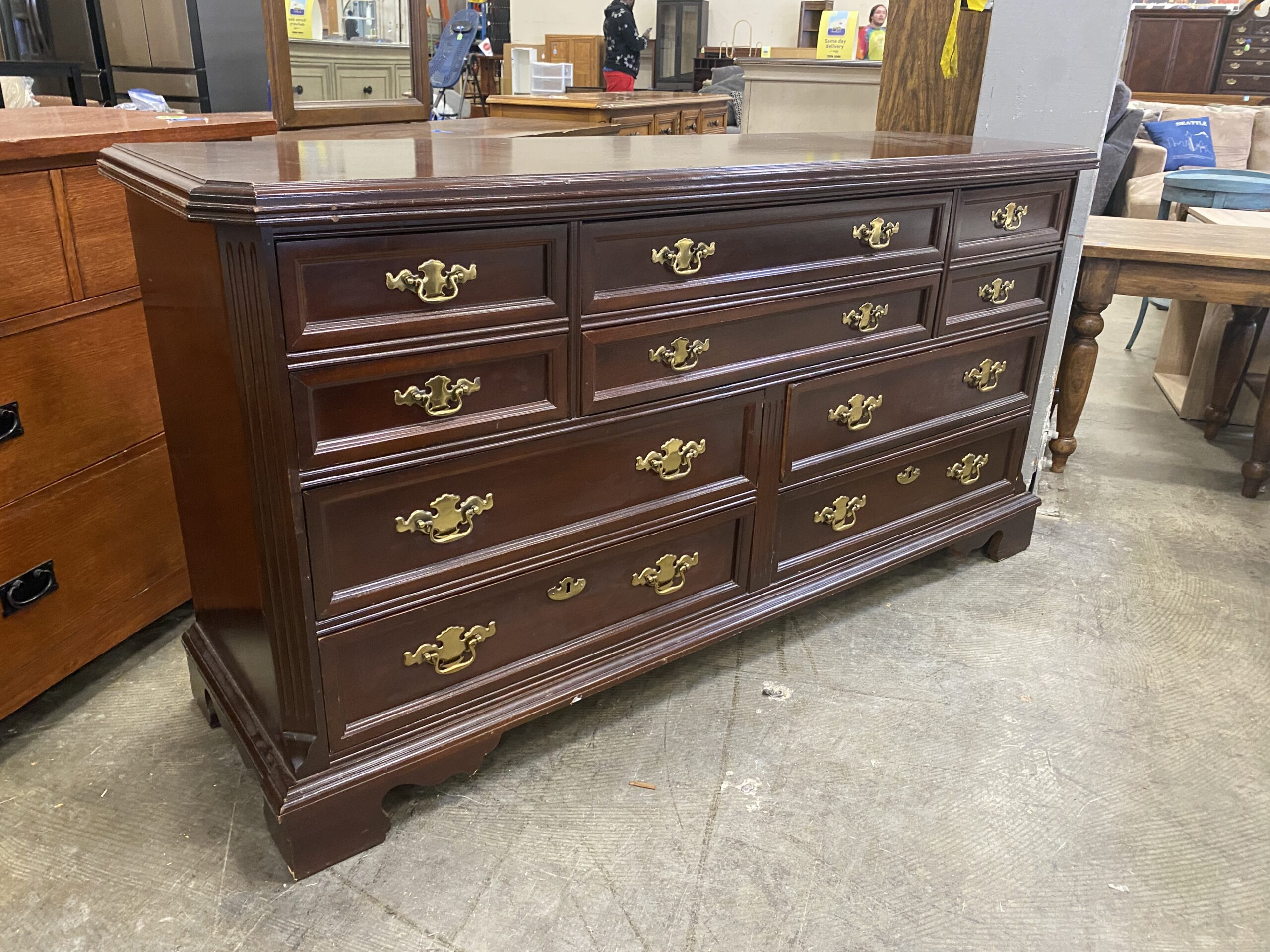 BASSETT Black Cherry Stain 10 Drawer Dresser with Decorative Brass Pulls