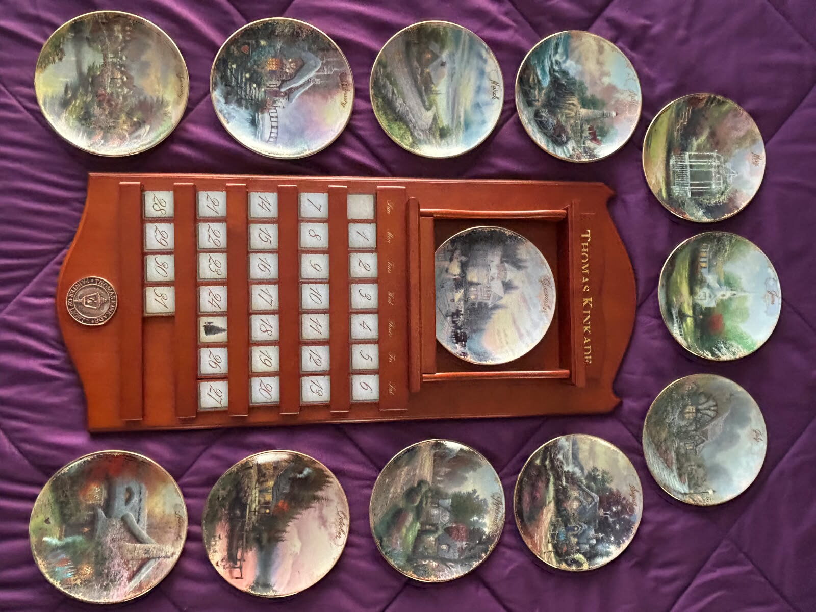 THOMAS KINKADE  Perpetual Wooden Calendar with Holiday Tiles and Monthy Bradford Exchange Plate Series