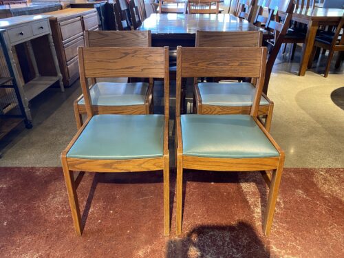 HILL-ROM Vintage Mid-Century Modern Solid Oak Chairs With Teal Leather Seats  (Set of 4 Chairs)