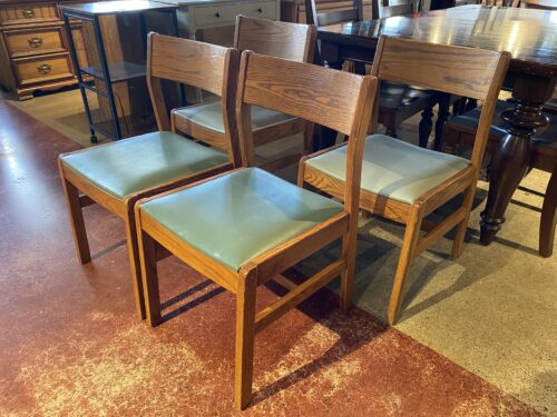 HILL-ROM Vintage Mid-Century Modern Solid Oak Chairs With Teal Leather Seats  (Set of 4 Chairs)