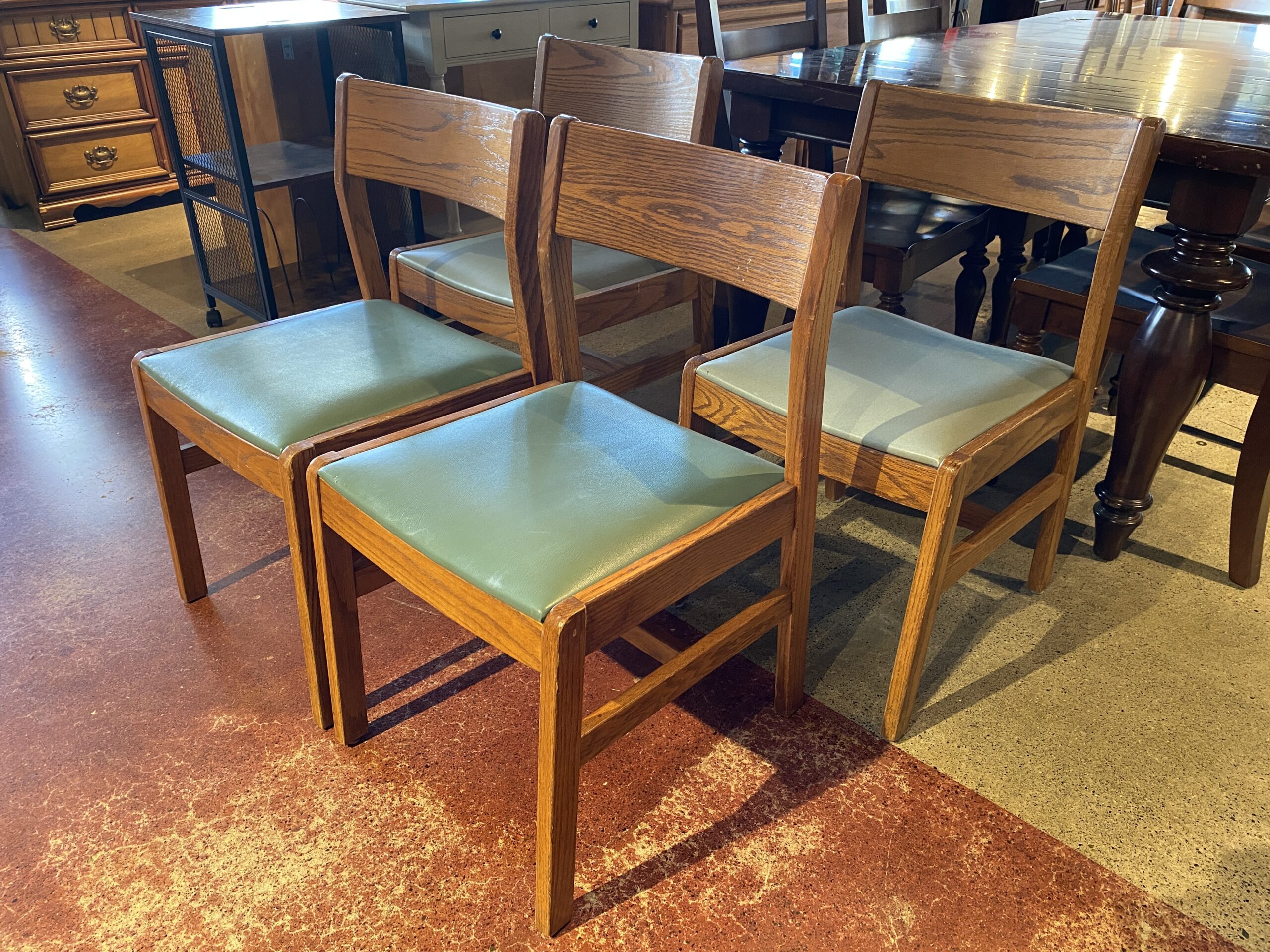 HILL-ROM Vintage Mid-Century Modern Solid Oak Chairs With Teal Leather Seats  (Set of 4 Chairs)